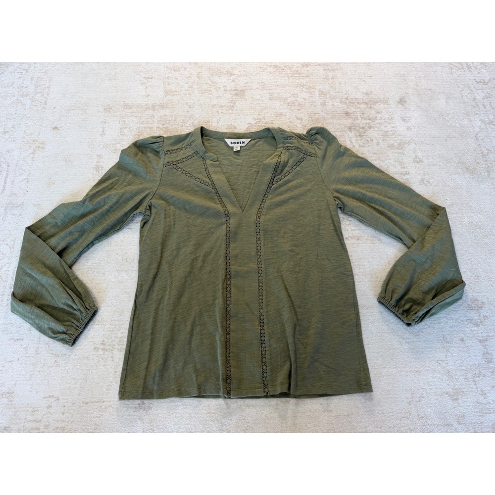 Boden Olive Green Cotton Slub Lace Trim V-Neck Puff Sleeve Top US 2 T2079